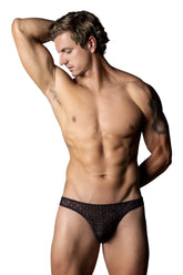 Male power 443-296 widow maker classic thong black lace briefs with subtle red pattern front view
