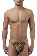 Brown male power 444030 animal wonder thong with leopard print and central lion head design on men’s underwear
