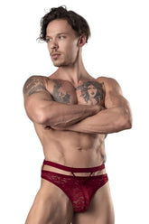 Male power 446-289 lucifer cut out strappy thong in burgundy lace with intricate floral patterns and contoured design