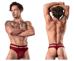 Male power 446-289 lucifer burgundy red lace thong with decorative pattern and thin elastic waistband front view