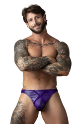 Purple satin briefs with sheer mesh panel and crossed front straps from male power in plum color