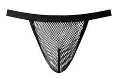 Black mesh thong male power 449-11c fishnet g-string with solid elastic waistband shown from the front