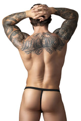 Male power 449-11c fishnet black thong with a simple sleek design shown from the back side