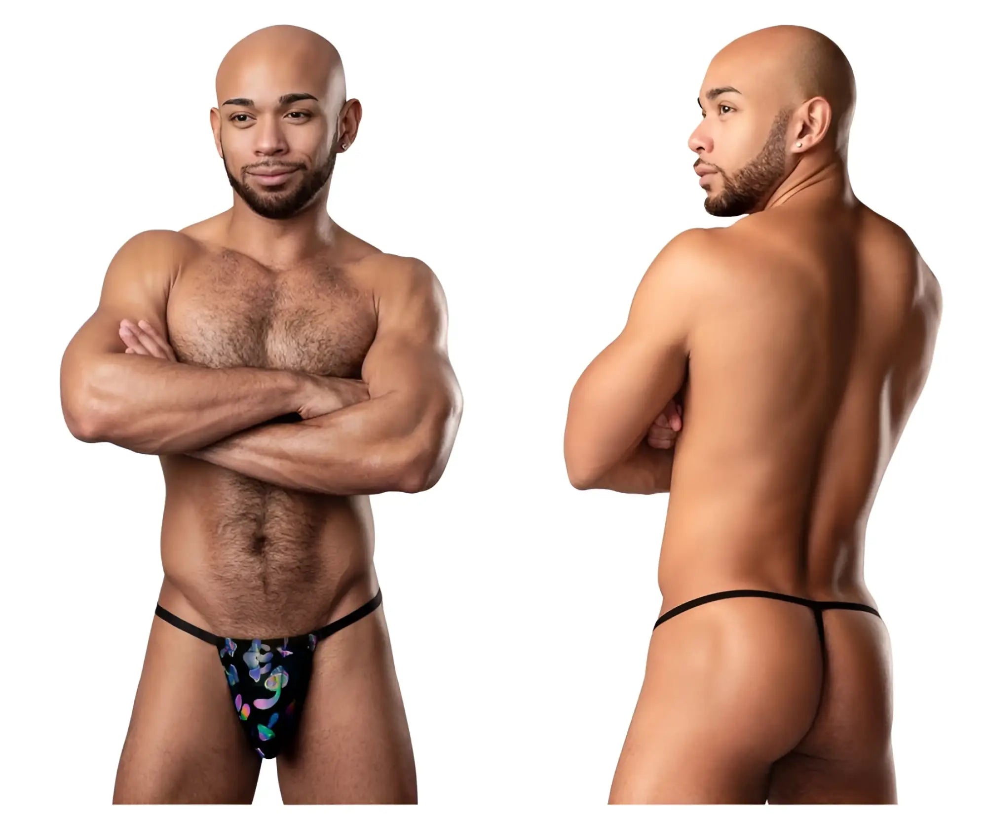 Male power 450-294 hazy dayz posing strap black thong with vibrant blue purple and green floral pattern front view
