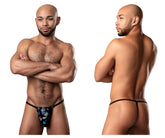 Male power 450-294 hazy dayz posing strap black thong with vibrant blue purple and green floral pattern front view