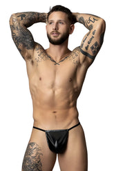 Black leather thong with central zipper closure from male power 450-301 liquid onyx 2.0 g-string in black color