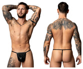 Male power 450-301 liquid onyx 2.0 black leather thong with small front pouch and thin straps