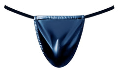 Male power 450-301 liquid onyx 2.0 blue patent leather thong with thin elastic straps visible from the back side
