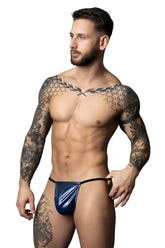 Male power 450-301 liquid onyx 2.0 blue shiny latex thong with black elastic waistband shown from the back side