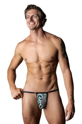 Men’s black and teal zebra patterned jockstrap by male power adjustable g-string for wild style and comfort