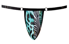 Teal and black leopard print zebra striped men’s thong with black elastic waistband from male power go wild g-string line