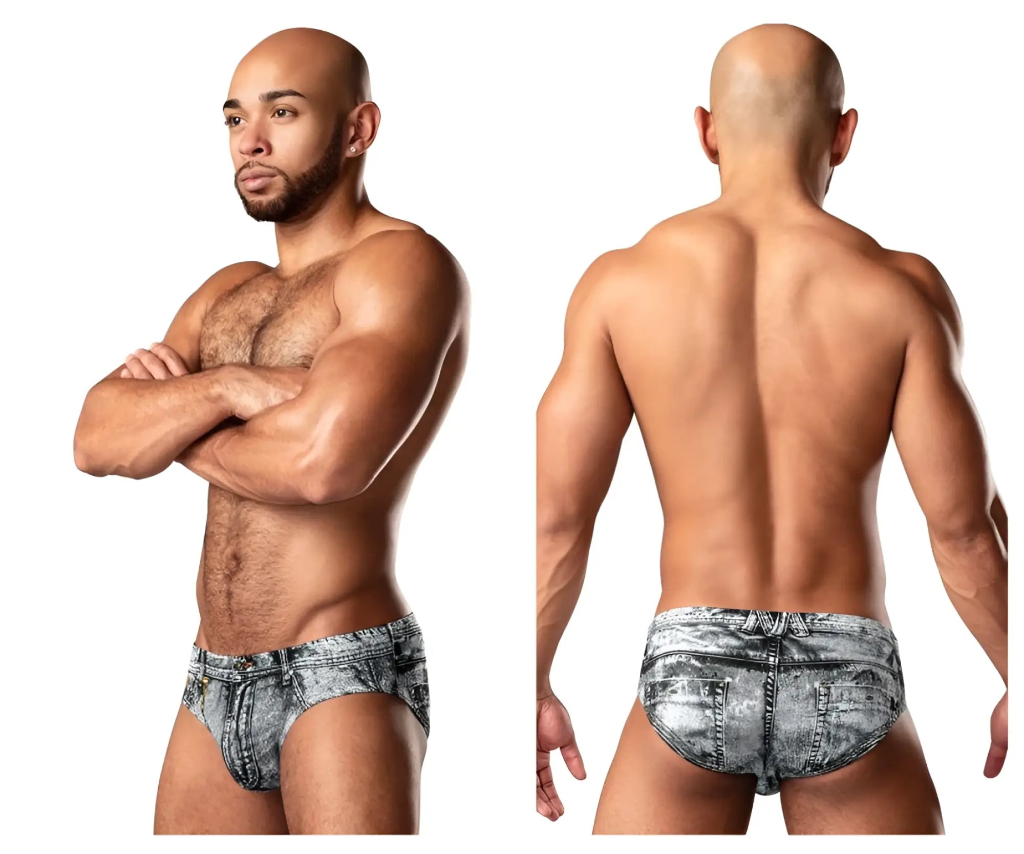 Gray and white distressed denim briefs with classic back pocket design shown from the back in male power 486-286 style