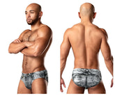 Gray and white distressed denim briefs with classic back pocket design shown from the back in male power 486-286 style