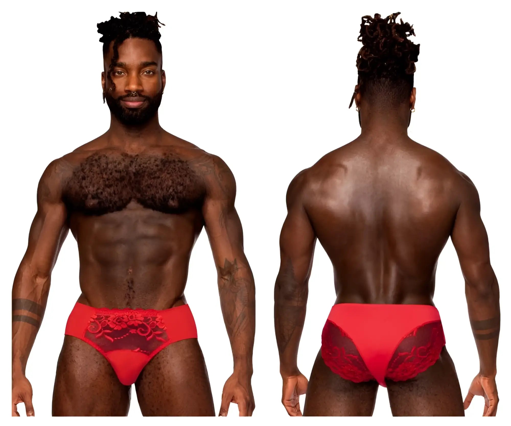 Red lace-trimmed male power 492-280 sassy lace bikini briefs with satin finish and floral embroidery in red