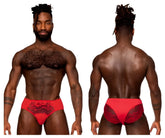 Red lace-trimmed male power 492-280 sassy lace bikini briefs with satin finish and floral embroidery in red