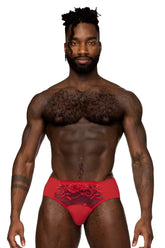 Male power red sassy lace bikini briefs with lace trim sheer mesh panel and floral embroidery on front
