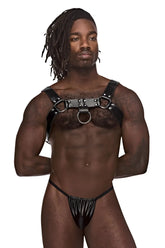 Black leather male power aries harness with metal rings and studs designed for a bold statement look