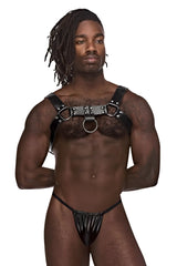 Black leather male power aries harness with metal rings and studs designed for a bold statement look