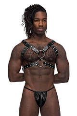 Male power 591-266 leather gemini harness in black featuring silver studs and metal rings for a bold look