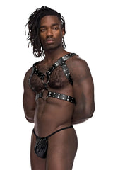 Male power 591-266 black leather gemini harness with silver studs and metal rings for bold male fashion