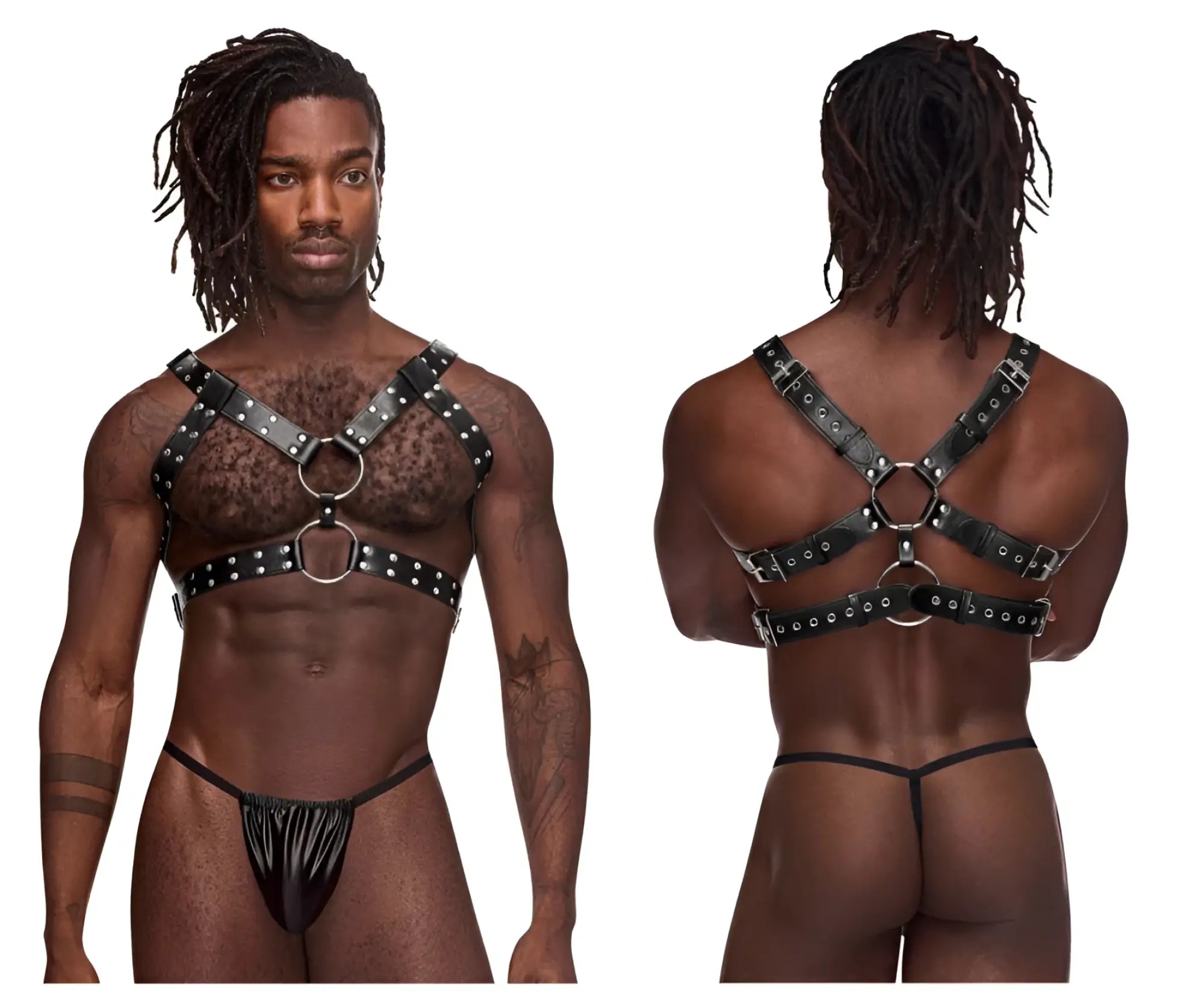 Male power 591-266 leather gemini harness in black featuring silver-toned metal rings and studs