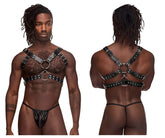 Male power 591-266 leather gemini harness in black featuring silver-toned metal rings and studs