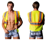 Male power mpc-010 working hard costume bright yellow safety vest with reflective orange and gray stripes in denim