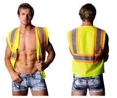 Male power mpc-010 working hard costume bright yellow safety vest with reflective orange and gray stripes in denim
