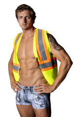 Bright yellow safety vest with reflective gray and orange stripes worn over a man’s torso in male power mpc-010 denim costume