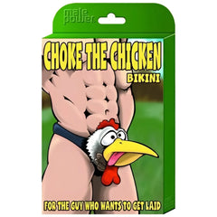 Green packaged male power novelty choke the chicken bikini underwear with cartoon chicken design and bold yellow text