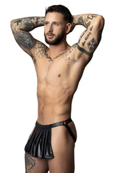 Black faux leather pleated briefs with studded waistband from male power pak-158 fetish spartacus collection