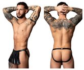 Black leather thong with pleated skirt detail and adjustable straps from male power pak-158 fetish spartacus in black