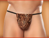 Male power posing strap thong underwear in leopard print with black elastic waistband size one size shown from front