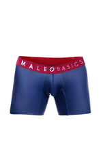 Male basics 3 pack boxer brief marine with blue fabric and red waistband featuring male basics logo in white lettering