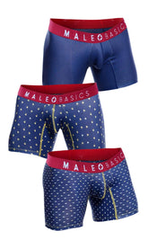 Set of three blue male basics boxer briefs with red waistbands and white triangles in marine pack