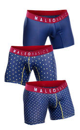 Set of three blue male basics boxer briefs with red waistbands and white triangles in marine pack