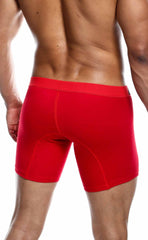 Red malebasics boxer briefs with smooth form-fitting fabric and solid color design in a 3-pack set