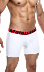 Malebasics 3-pack white malebasic boxer briefs with bold red waistband and black lettering for everyday comfort