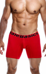 Red men’s boxer briefs with a black malebasics waistband featured in a 3 pack multi set for comfortable everyday wear