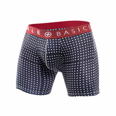 Navy blue malebasics boxer briefs with white polka dots and red waistband featuring malebasics logo in 3-pack set