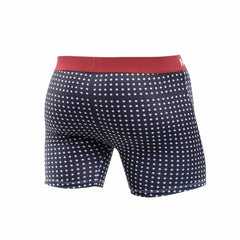 Navy blue malebasics boxer briefs with white polka dots and red waistband featuring soft breathable fabric
