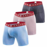 Set of three malebasics boxer briefs in blue pink and navy with white polka dots and diagonal stripes