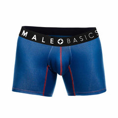 Blue men’s boxer briefs with black male basics waistband and red side stitching in malebasics 3-pack timon boxer brief
