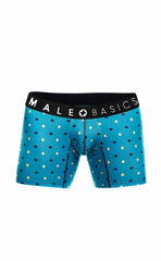 Blue patterned men’s boxer briefs with black waistband featuring male basics logo from the malebasics 3-pack boxer brief stache