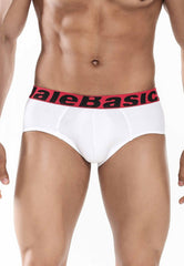 White men’s briefs with red elastic waistband featuring malebasic logo in black from malebasics 3-pack brief