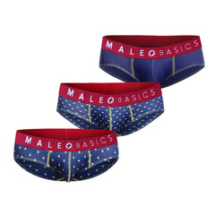 Set of three malebasics navy blue briefs with white diamond patterns gold zipper and red branded waistband