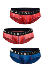 Malebasics 3-pack brief prints timon featuring red and blue patterned briefs with black male basics branded waistbands