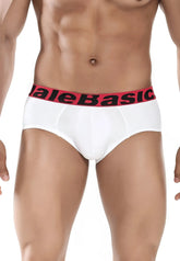 White men’s briefs with red elastic waistband and malebasic logo in black from malebasics 3-pack brief set