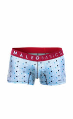Light blue male basics men’s boxer briefs with black and light blue triangle pattern and red branded waistband