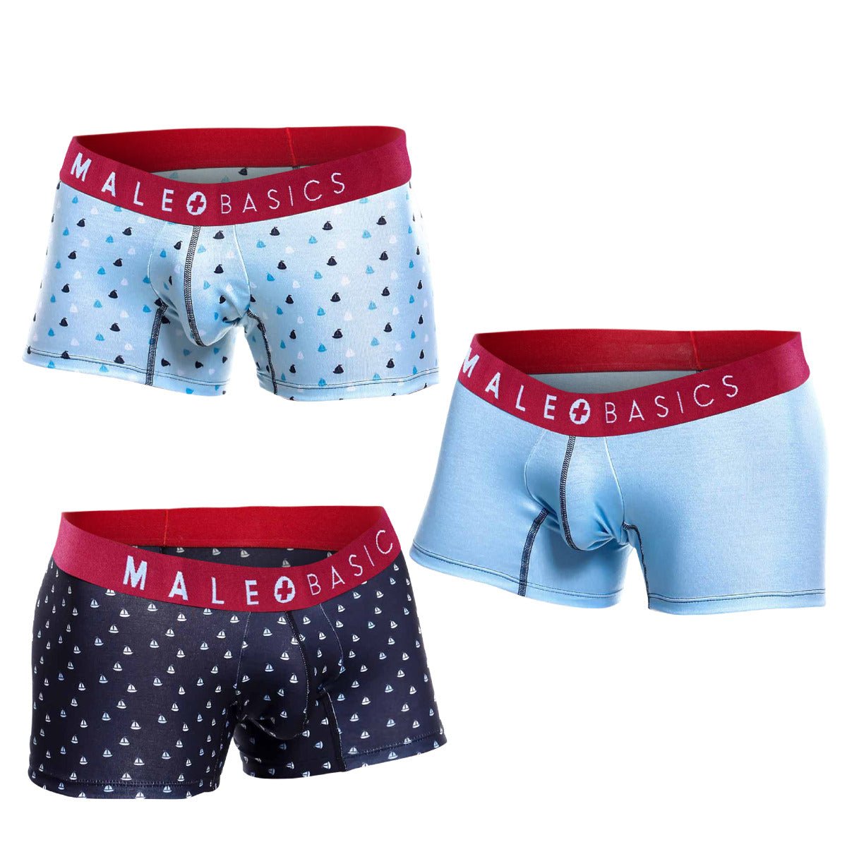 Male basics 3-pack trunk boats in light blue and navy boxer briefs with red waistbands and triangle sailboat patterns